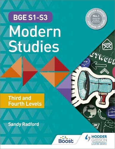 Textbook cover for BGE S1-S3 Modern Studies, featuring geometric shapes and a megaphone illustration.
