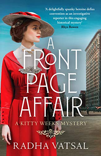 Book cover: woman in red dress, city background, title “A Front Page Affair”.