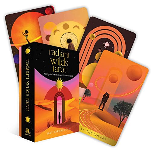 Stack of Radiant Wilds Tarot cards with desert and celestial imagery.