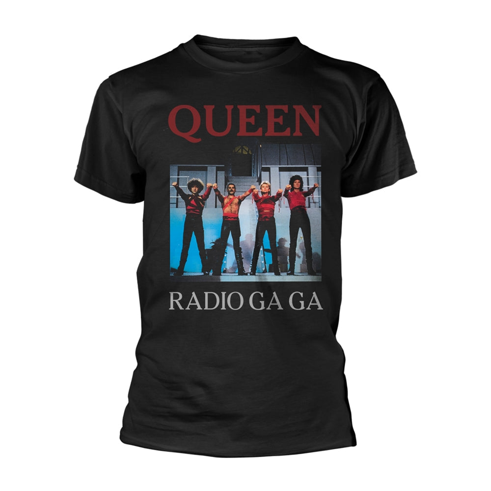 Black t-shirt with a Queen "Radio Gaga" album cover graphic.