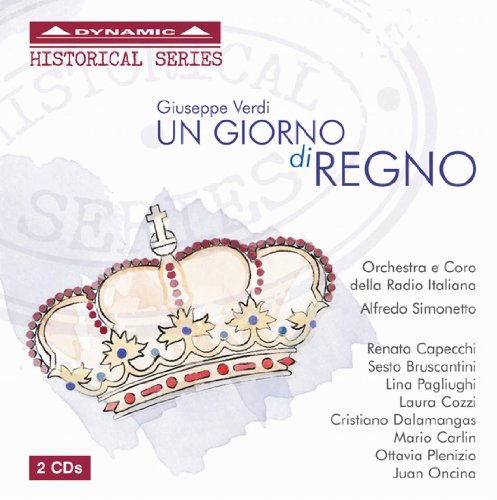 "CD cover featuring a crown illustration and text about Verdi's 'Un Giorno di Regno'."