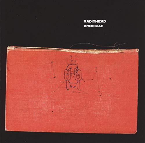 Radiohead Amnesiac album cover featuring a red book with a crying figure sketch.