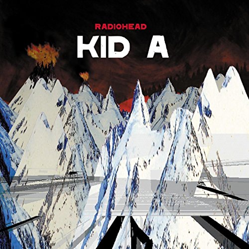 Radiohead’s Kid A album cover: snowy mountains with red bursts of color.