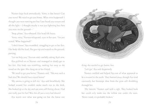 A black and white illustration of a girl lying inside a dark crater.
