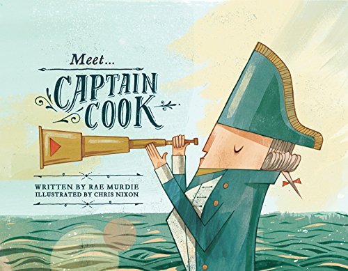 Illustration of Captain Cook with a telescope, looking out to sea.