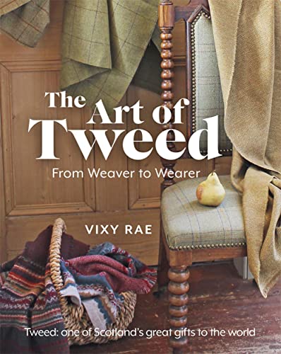 Book cover titled The Art of Tweed showing a wooden chair, fabric, and pear.