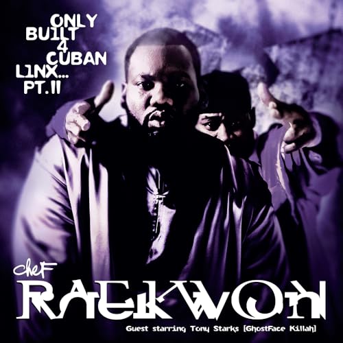 Raekwon album cover featuring two men in dark clothing, purple background.