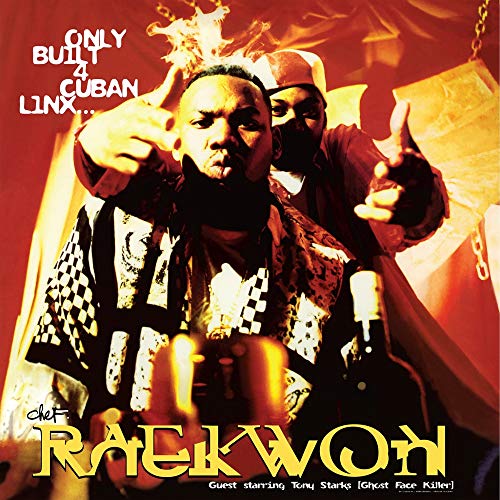 Raekwon album cover, two men with gold crown, checkered pattern.