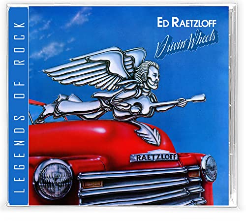 CD cover: red car with winged figure driving, blue sky.