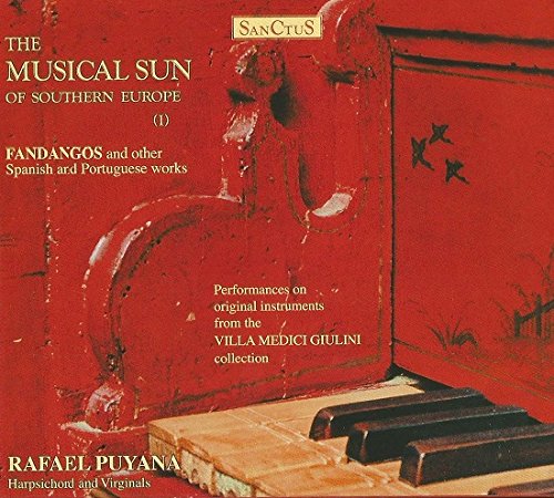 Red album cover with a harpsichord and text describing the music and artist.