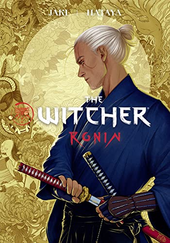 Geralt of Rivia with a topknot holding a katana against a gold patterned background.