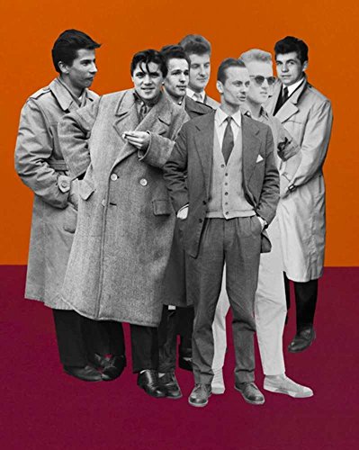 Black and white photo of six young men in 1950s attire.