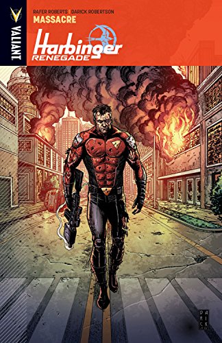 Comic book cover: muscular hero walks towards burning city wreckage.