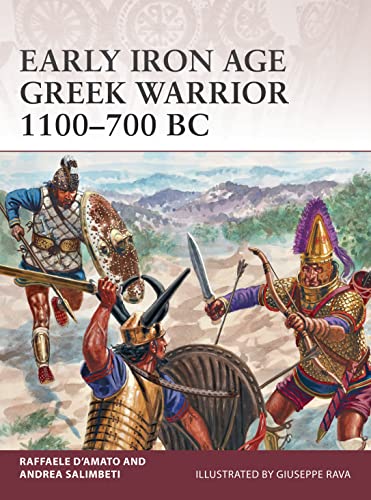 Illustration of three Early Iron Age Greek warriors fighting with swords and shields.