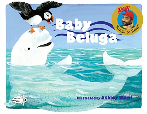 Book cover: beluga whale, puffin, and ocean waves, titled "Baby Beluga".