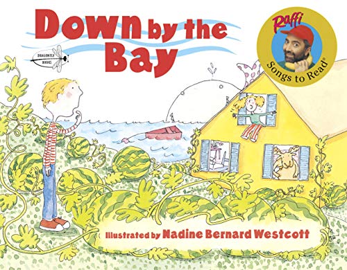 Book cover: "Down by the Bay" with children, a house, and foliage.