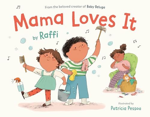 Children cleaning with mother relaxing in armchair, book cover illustration.