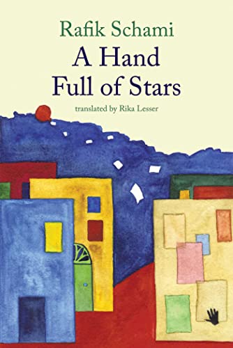 Book cover with watercolor painting of colorful, blocky buildings under a night sky.