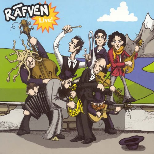 Cartoon illustration of a six-person band playing various instruments outdoors.