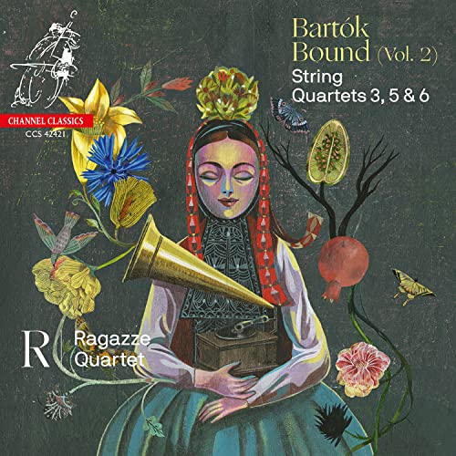 CD cover for Ragazze Quartet’s “Bartók Bound, Vol. 2” with floral illustration.