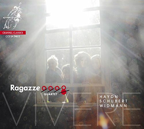 Cover of "Ragazze Quartet - Haydn, Schubert, Widmann" CD with four figures by a window.