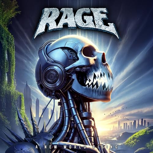 A robotic skull wearing headphones against a post-apocalyptic cityscape with the word RAGE above.