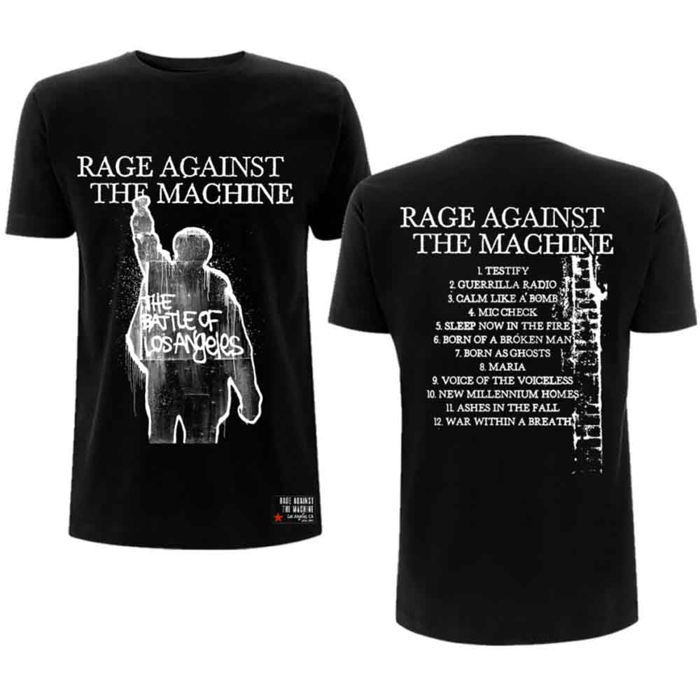 Black t-shirt with white graphic of a raised fist and album text.