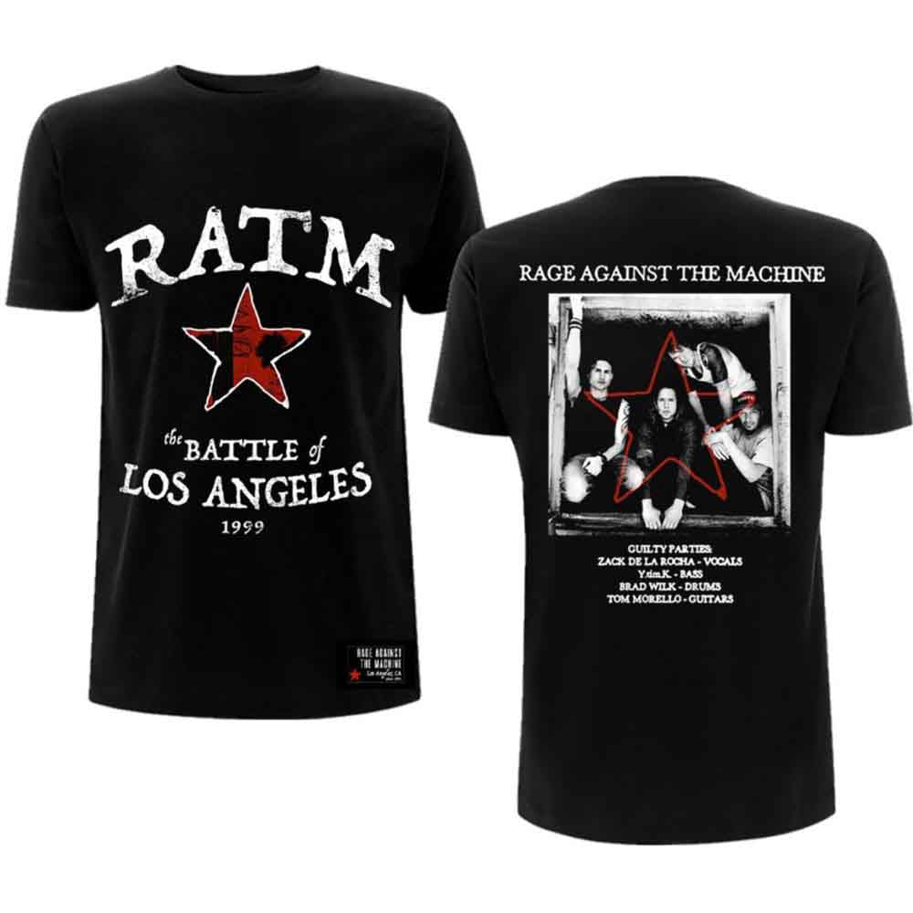 Black t-shirt with "RATM" logo and a red star design.