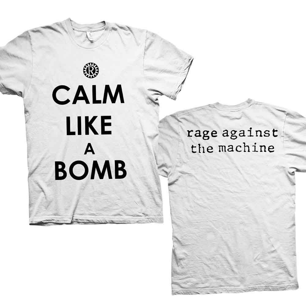 White t-shirt with black text reading "CALM LIKE A BOMB" and a logo.