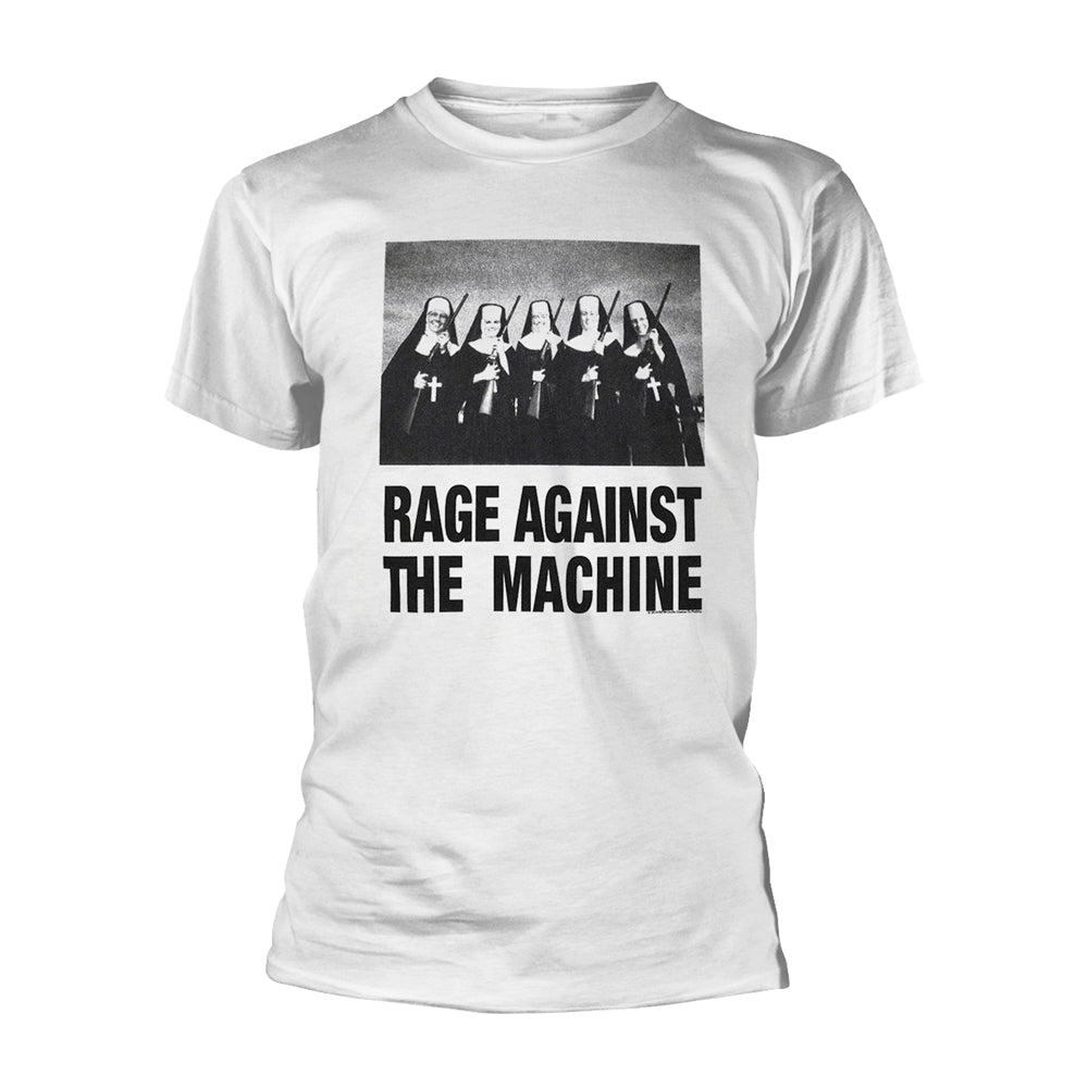 White t-shirt with black and white image of nuns holding guns, band name.