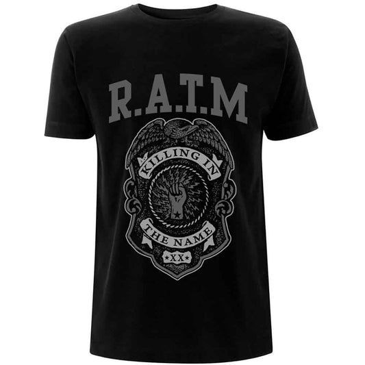 Black t-shirt with a grey police badge graphic and "R.A.T.M." text.
