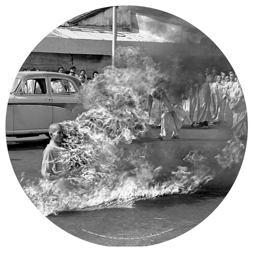 Black and white photo of a person engulfed in flames, circled.