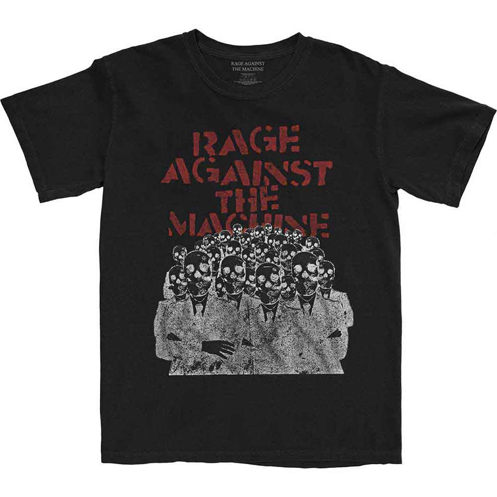 Black unisex X-Large T-shirt featuring a graphic print of crowd masks.