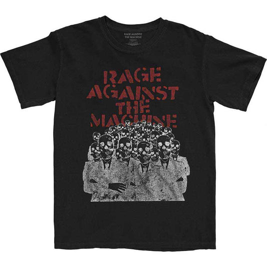 Black unisex X-Large T-shirt featuring a graphic print of crowd masks.