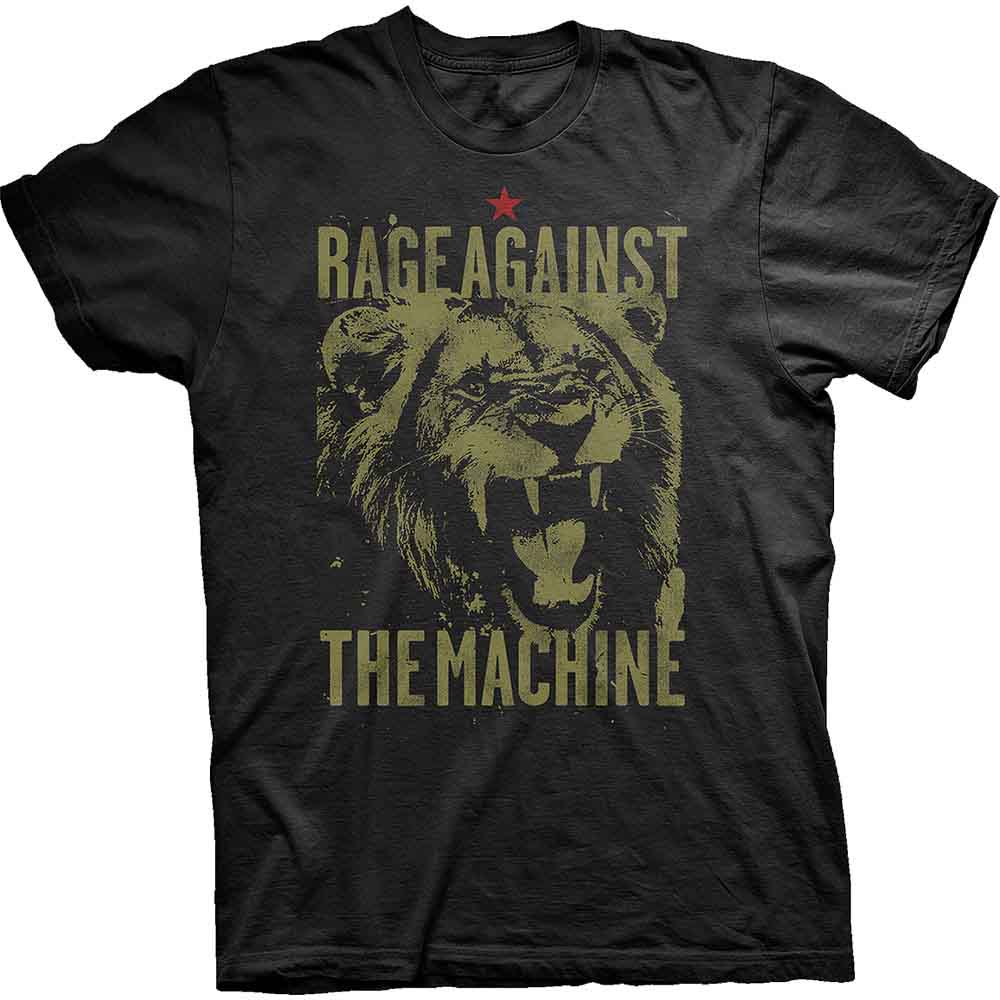 Black t-shirt with a roaring lion and "Rage Against The Machine" text.