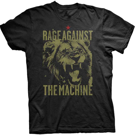 Black t-shirt with a roaring lion and "Rage Against The Machine" text.