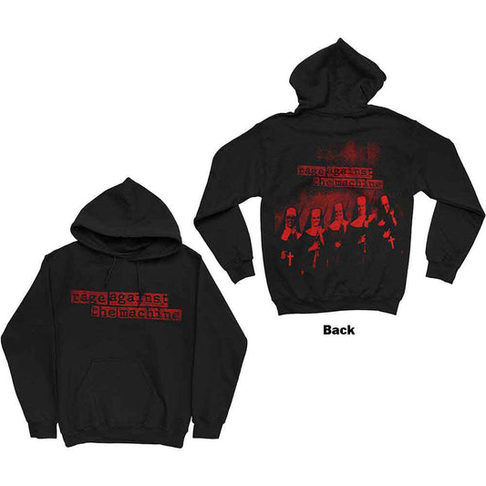 Black pullover hoodie with large back print of nuns, Rage Against The Machine logo.