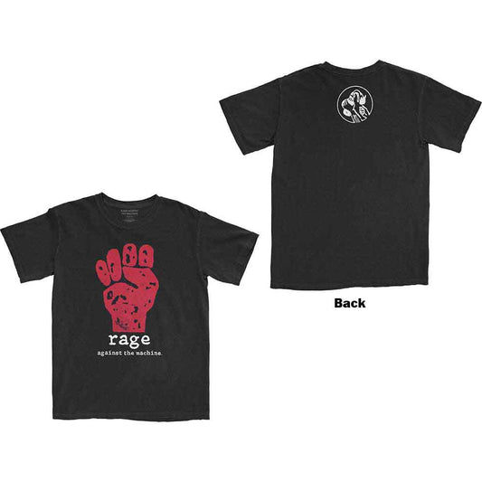 Black t-shirt with a large red fist graphic printed on the back.