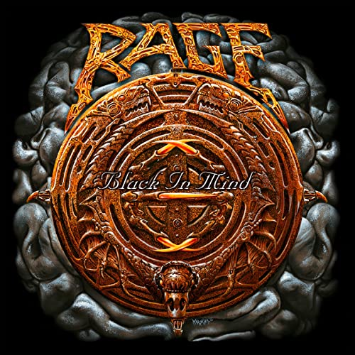 Rage" album cover: ornate metal design over a textured brain background.