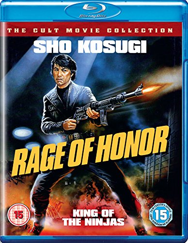 Blu-ray cover for "Rage of Honor" featuring Sho Kosugi with a gun.