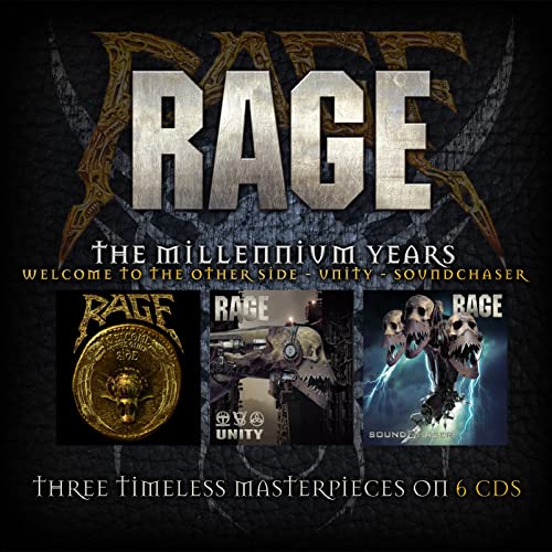 Box set cover for Rage The Millennium Years featuring three album covers on black background.