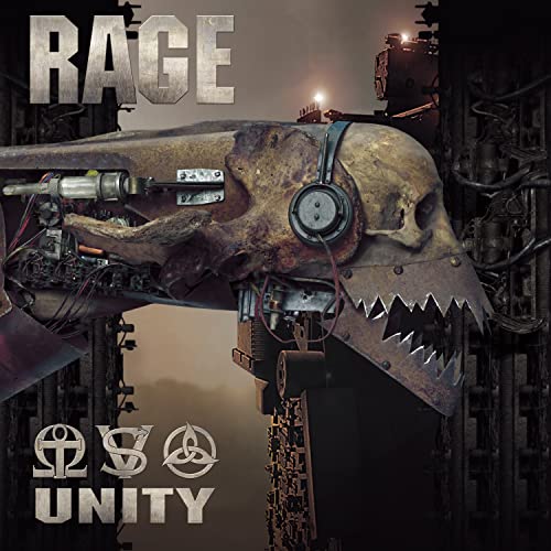 CD cover for Rage’s “Unity” featuring a metallic skull with mechanical parts.