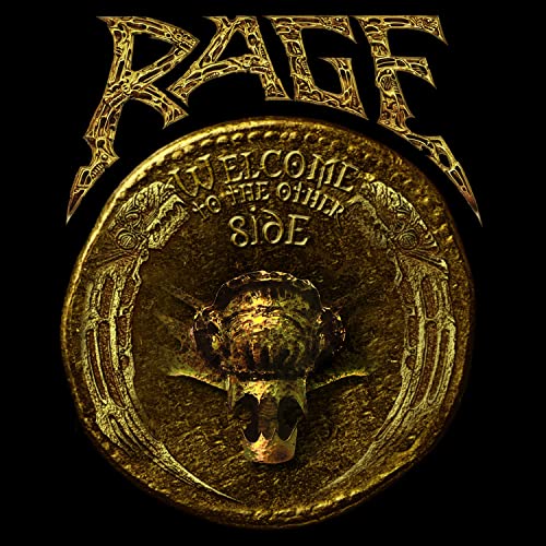 Rage album cover: gold skull and ornate design on black background.