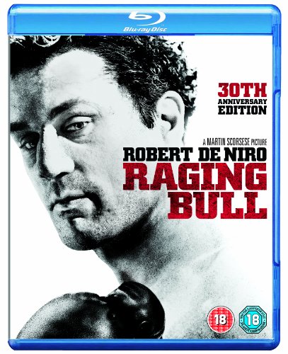 Blu-ray cover for “Raging Bull” featuring Robert De Niro in boxing attire.
