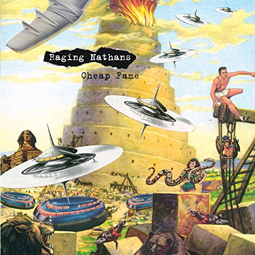 Album cover: Tower of Babel with UFOs, a snake, and people.