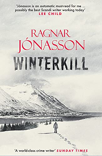 Book cover: "Winterkill" by Ragnar Jónasson, snowy Icelandic landscape.