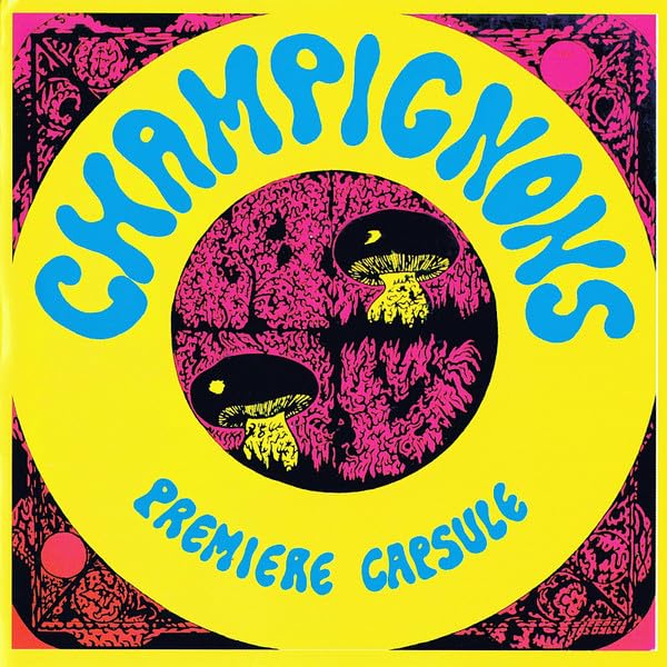 CD cover: yellow circle with psychedelic mushroom illustrations and blue text.
