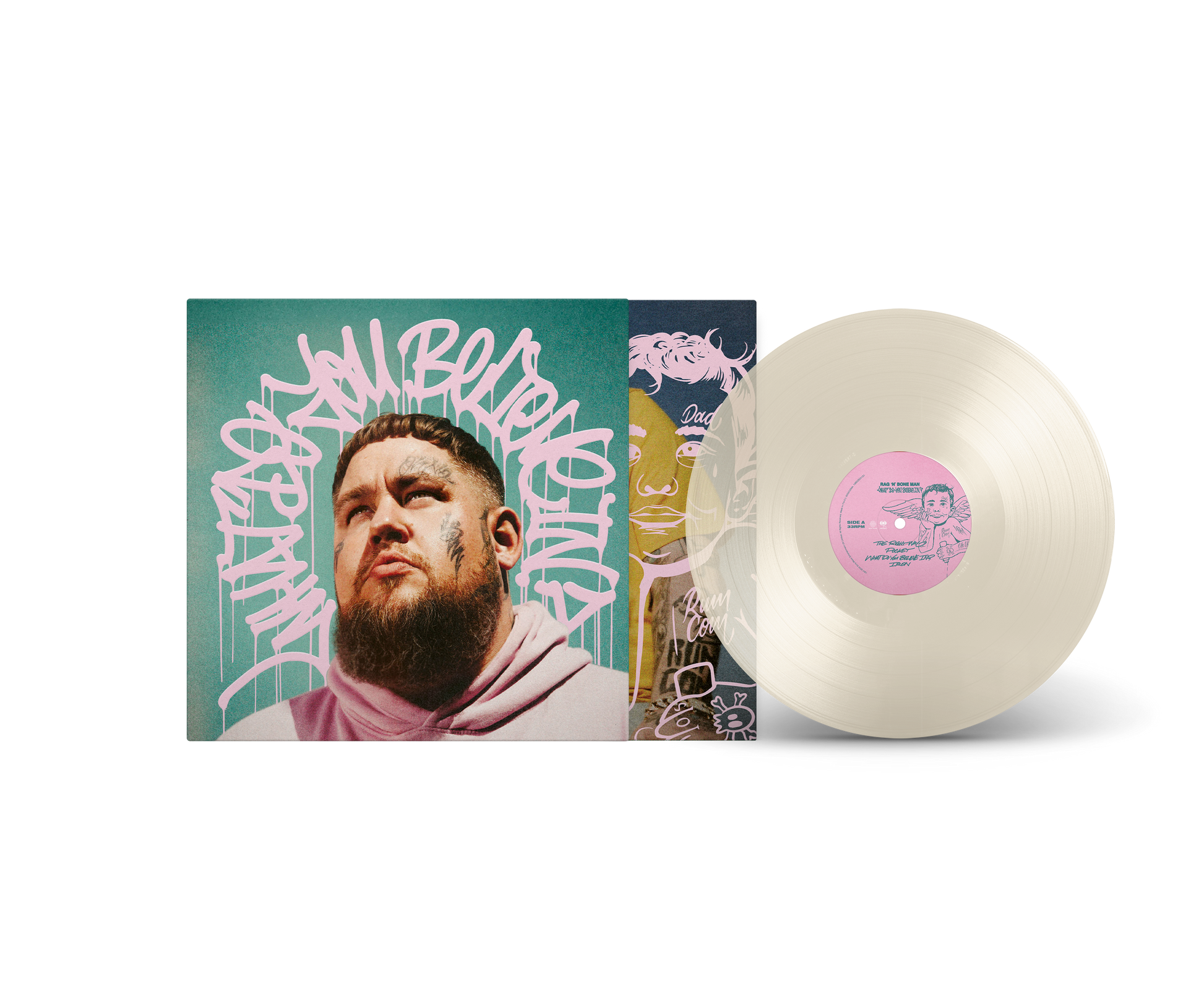 RagnBone Man portrait with pink dripping text on a teal background.
