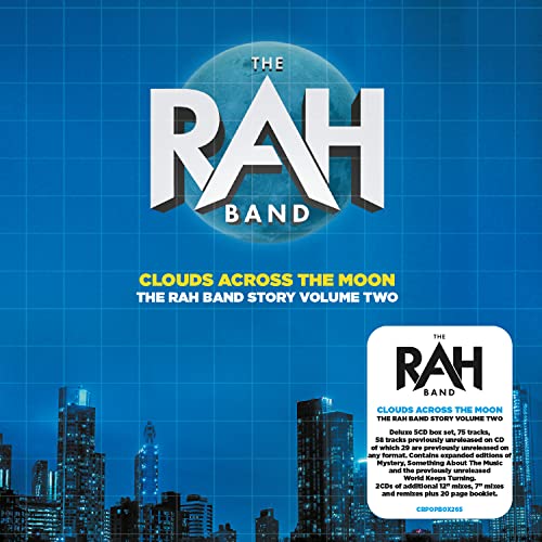 CD cover for “Clouds Across The Moon” by The Rah Band, blue background.