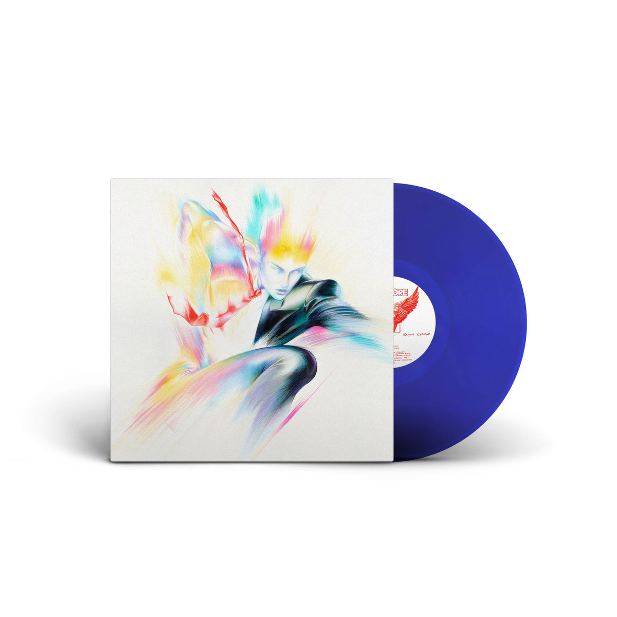 Blue vinyl LP with cover art depicting a stylized figure in motion.
